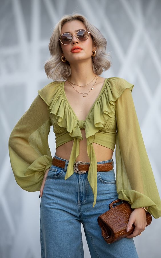 spring fashion outfits 2026 Soft Green Drama With a Modern Denim Base