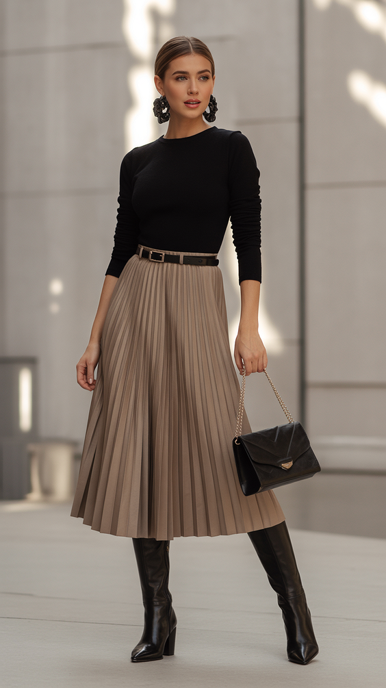 spring fashion outfits 2026 Neutral Pleats With a Polished Core