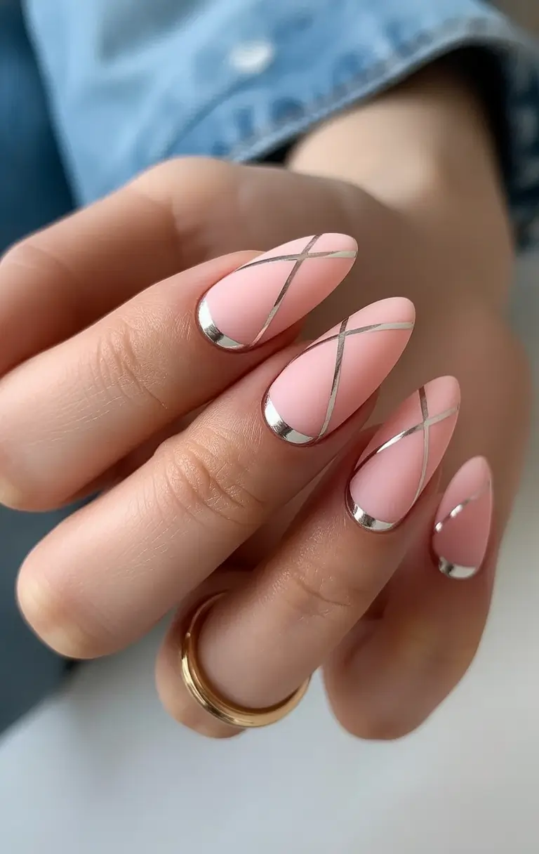 gel nail designs 2026 Soft pink geometry with silver lines