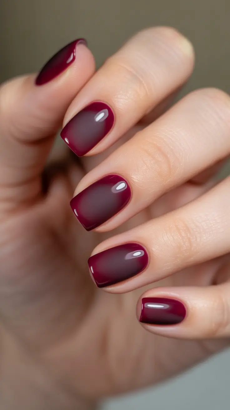 gel nail designs 2026 Deep burgundy fade for a dramatic short manicure