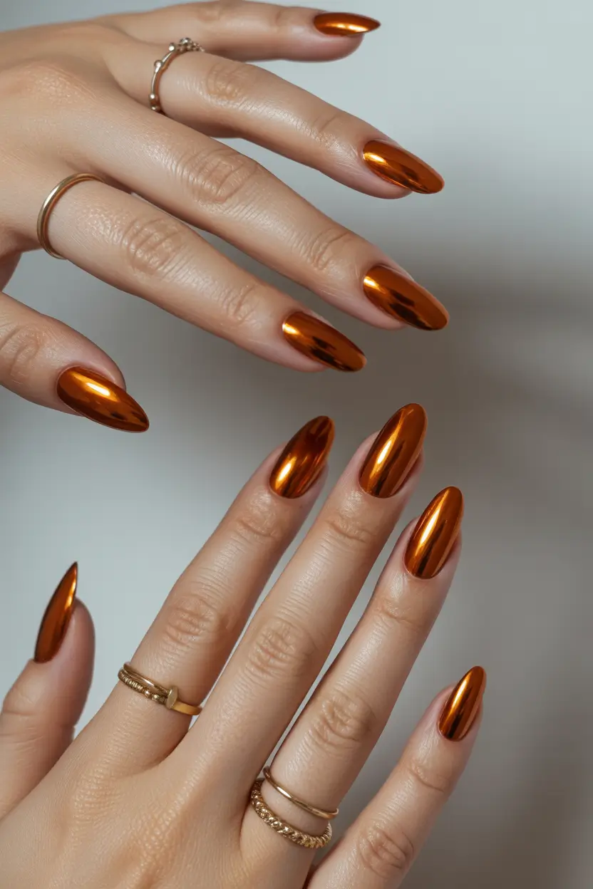 gel nail designs 2026 Warm chrome tones that glow like polished metal