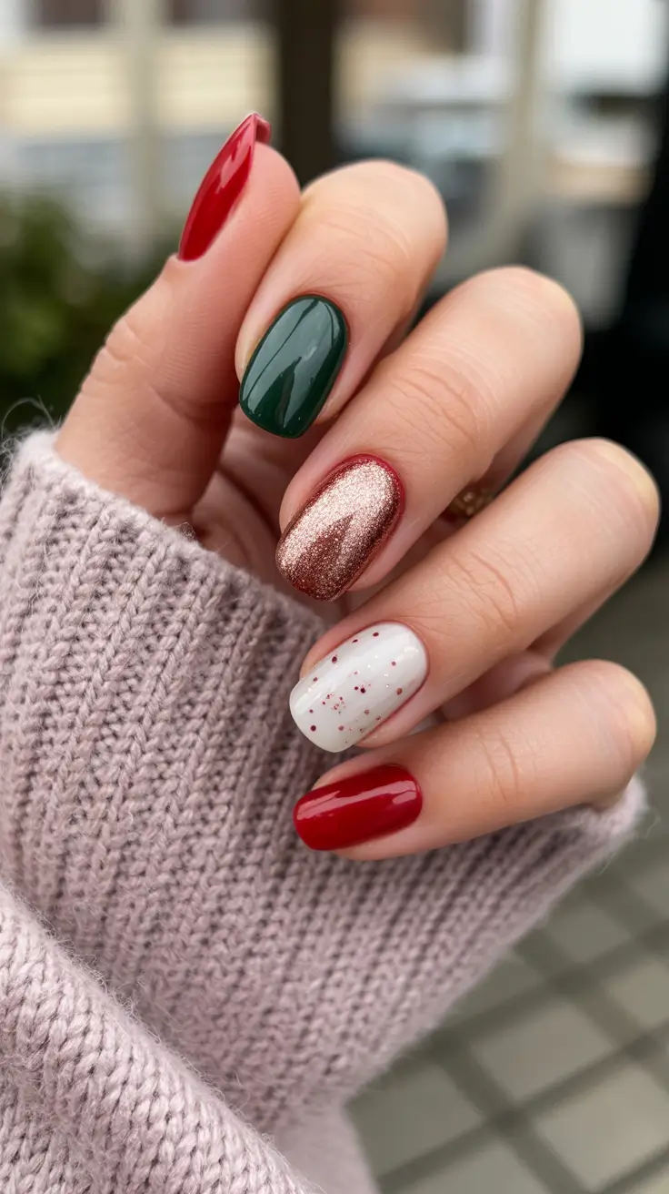 gel nail designs 2026 Festive mixed tones that feel playful but intentional