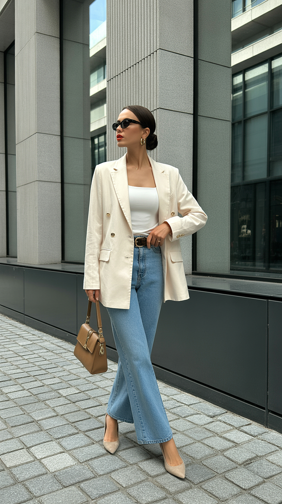 light spring blazer outfits 2026 Beige Flared Denim