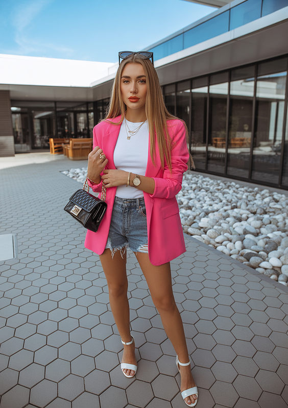 light spring blazer outfits 2026 Pink Blazer Shorts