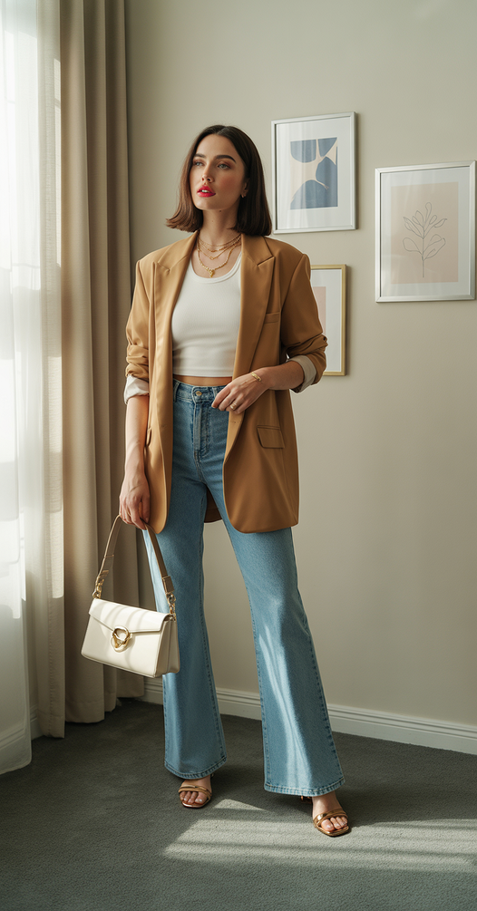 light spring blazer outfits 2026 Brown Flared Denim