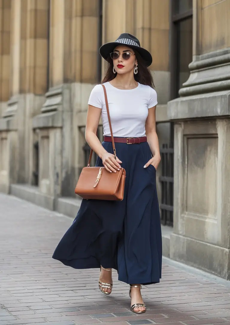 minimalist spring skirt outfits 2026 navy long skirt