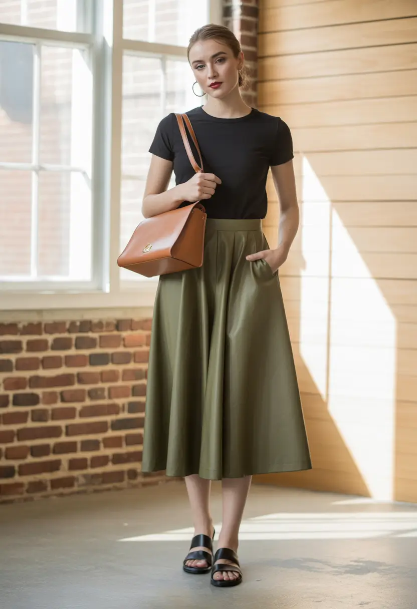 minimalist spring skirt outfits 2026 black top midi skirt