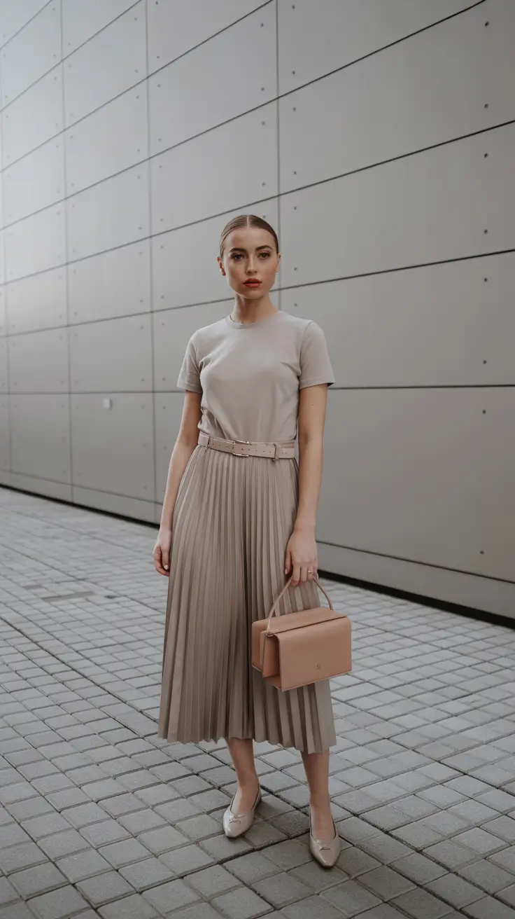 minimalist spring skirt outfits 2026 pleated midi neutral
