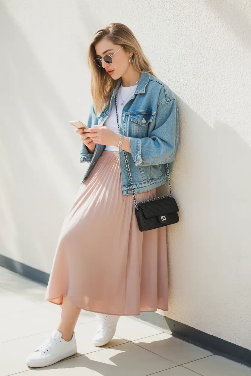 minimalist spring skirt outfits 2026 denim jacket midi skirt