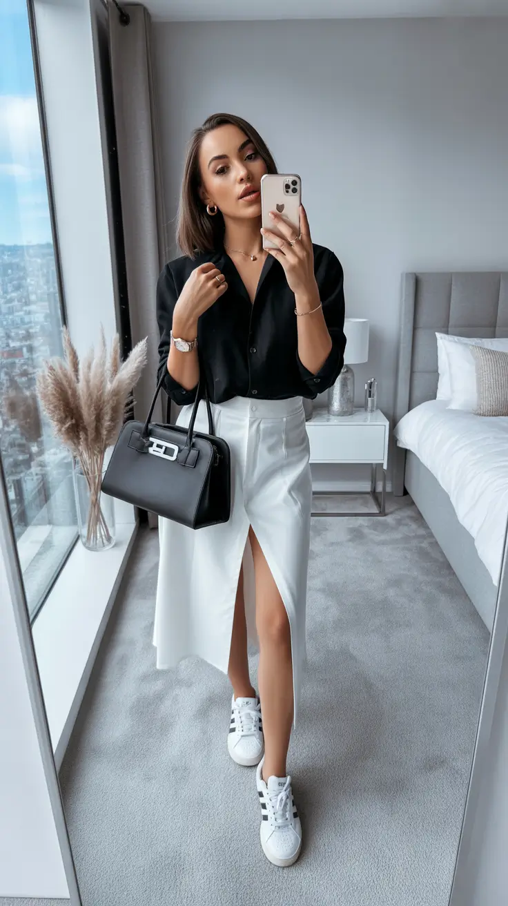 minimalist spring skirt outfits 2026 black white midi