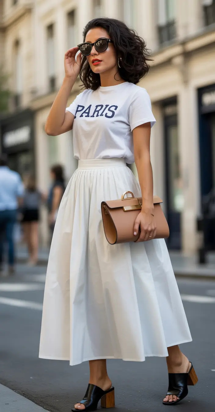 minimalist spring skirt outfits 2026 white midi casual