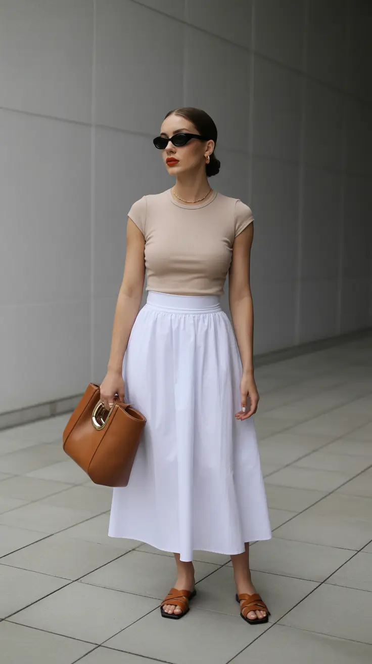minimalist spring skirt outfits 2026 white midi skirt