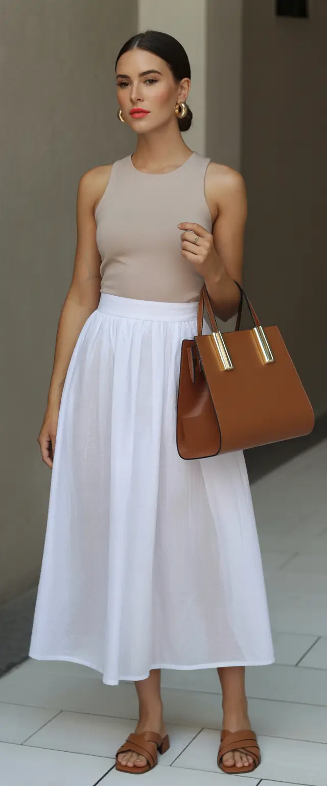 minimalist spring skirt outfits 2026 warm neutrals midi