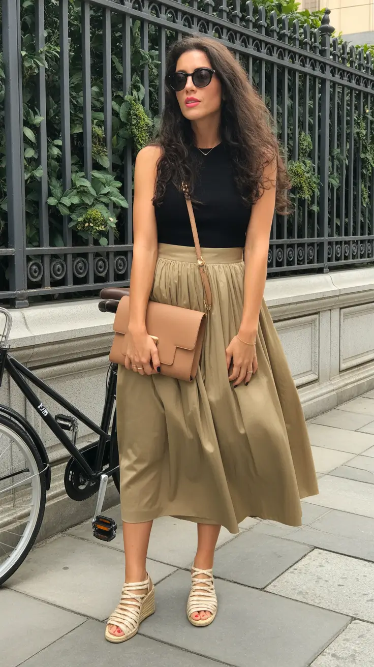minimalist spring skirt outfits 2026 black top midi skirt