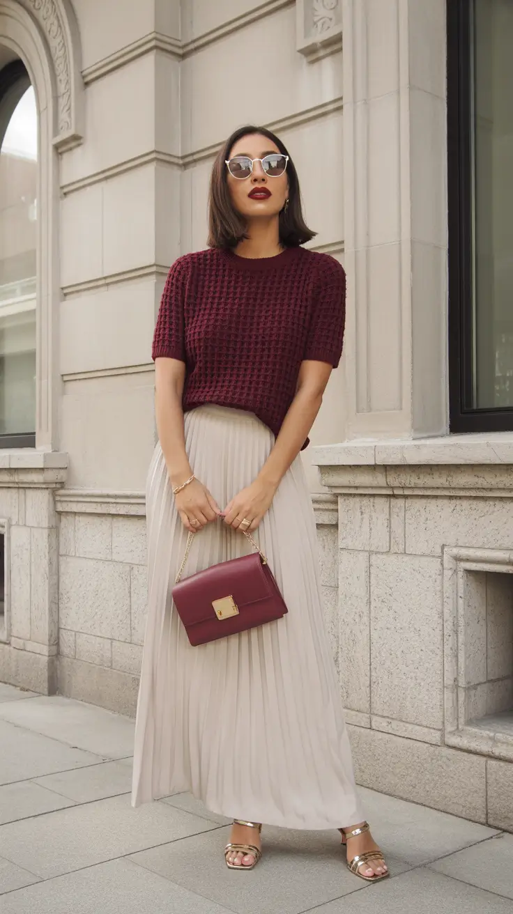 minimalist spring skirt outfits 2026 pleated midi elegant