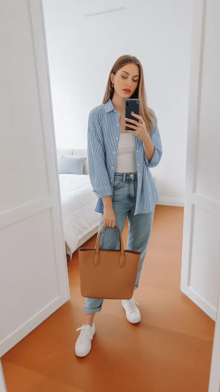 spring mom outfits 2026 casual striped jeans look