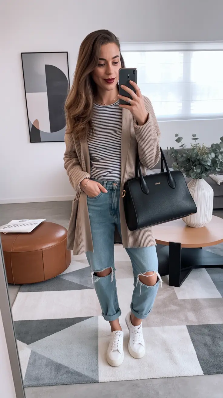 spring mom outfits 2026 casual cardigan jeans look