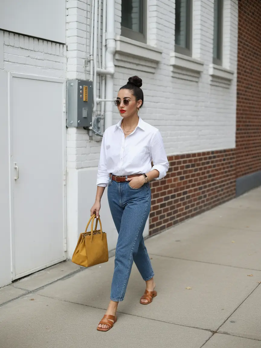 spring mom outfits 2026 classy white shirt jeans look