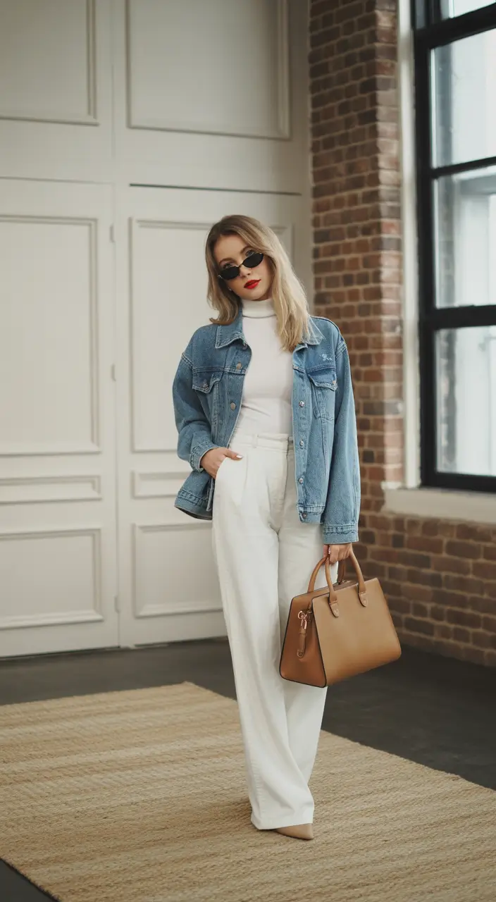 modest spring outfits for church 2026 white pants denim jacket