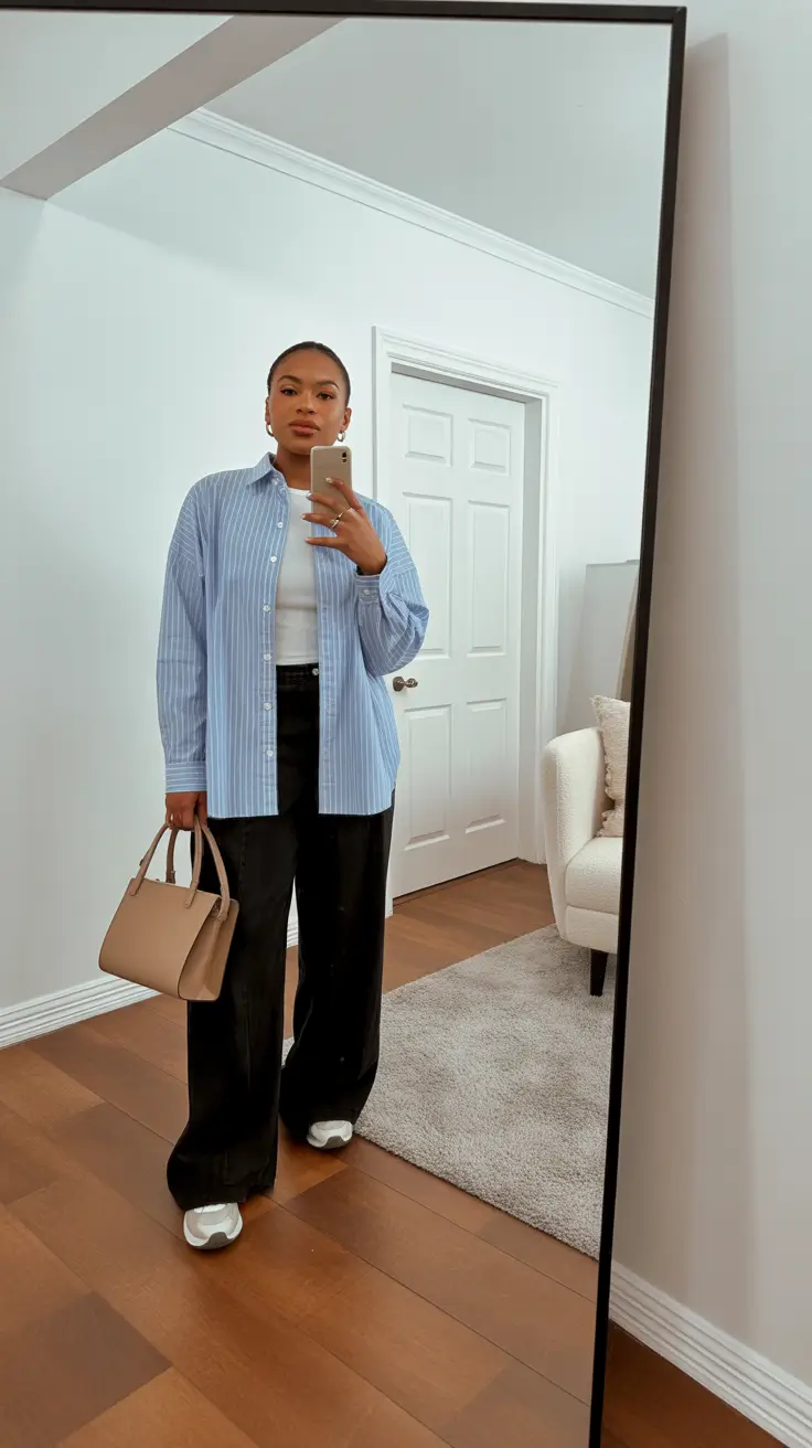 modest spring outfits for church 2026 blue shirt black pants