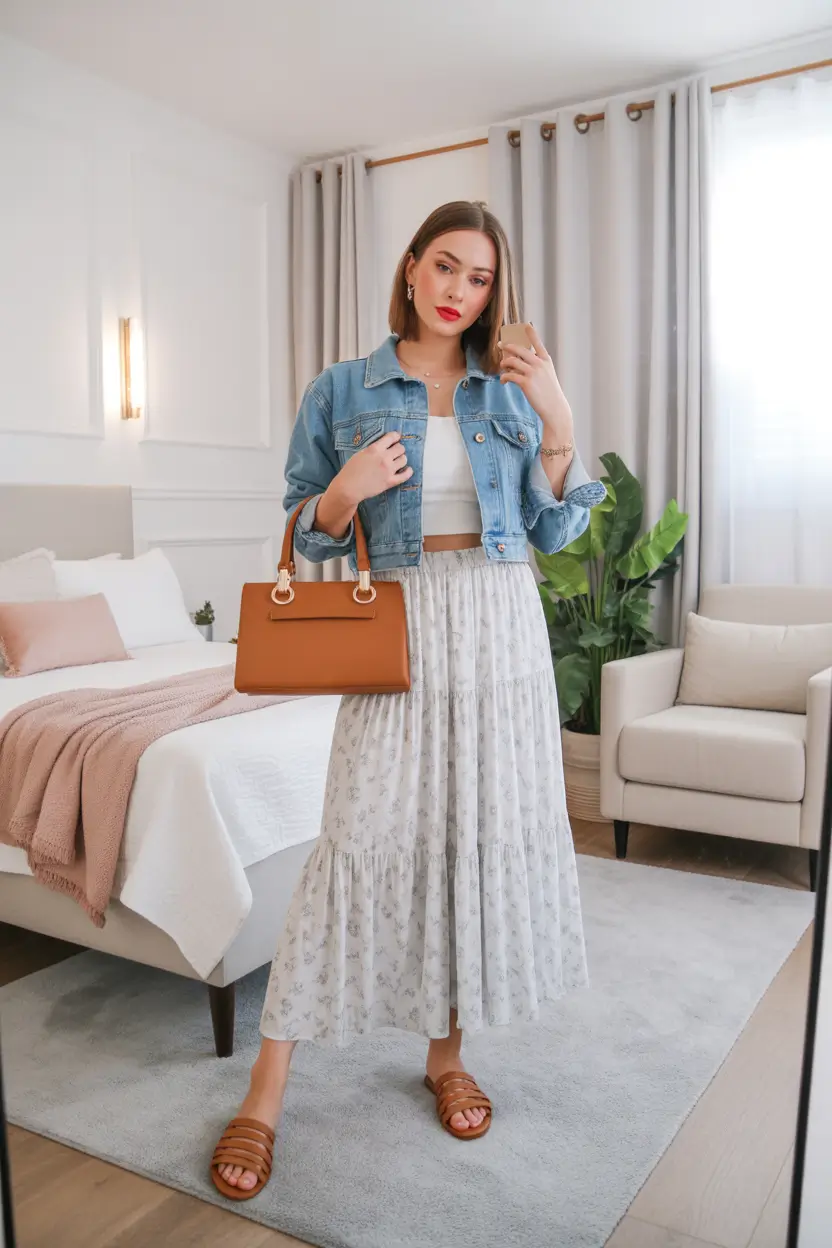 modest spring outfits for church 2026 denim jacket skirt