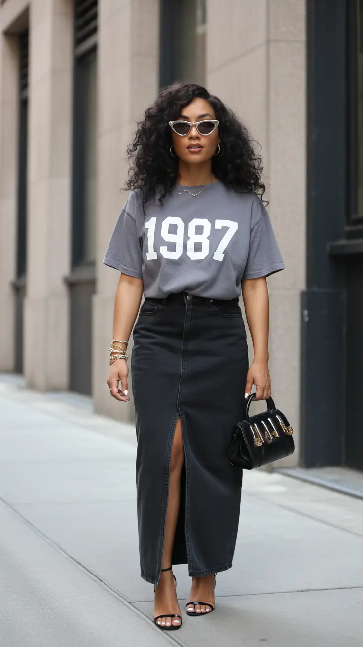 modest spring outfits for church 2026 graphic tee denim skirt