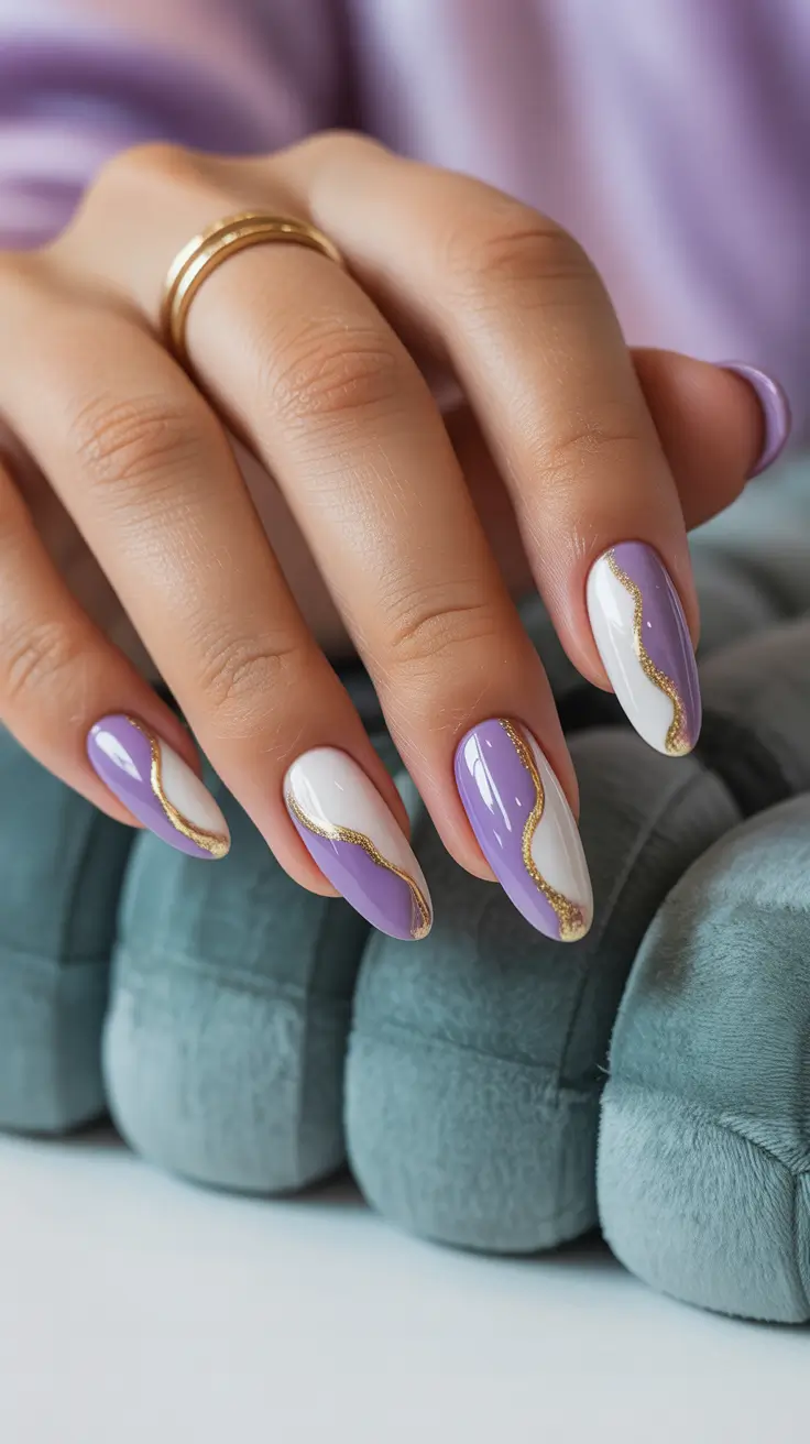 nails designs ideas February 2026 Soft lavender waves with a touch of gold elegance