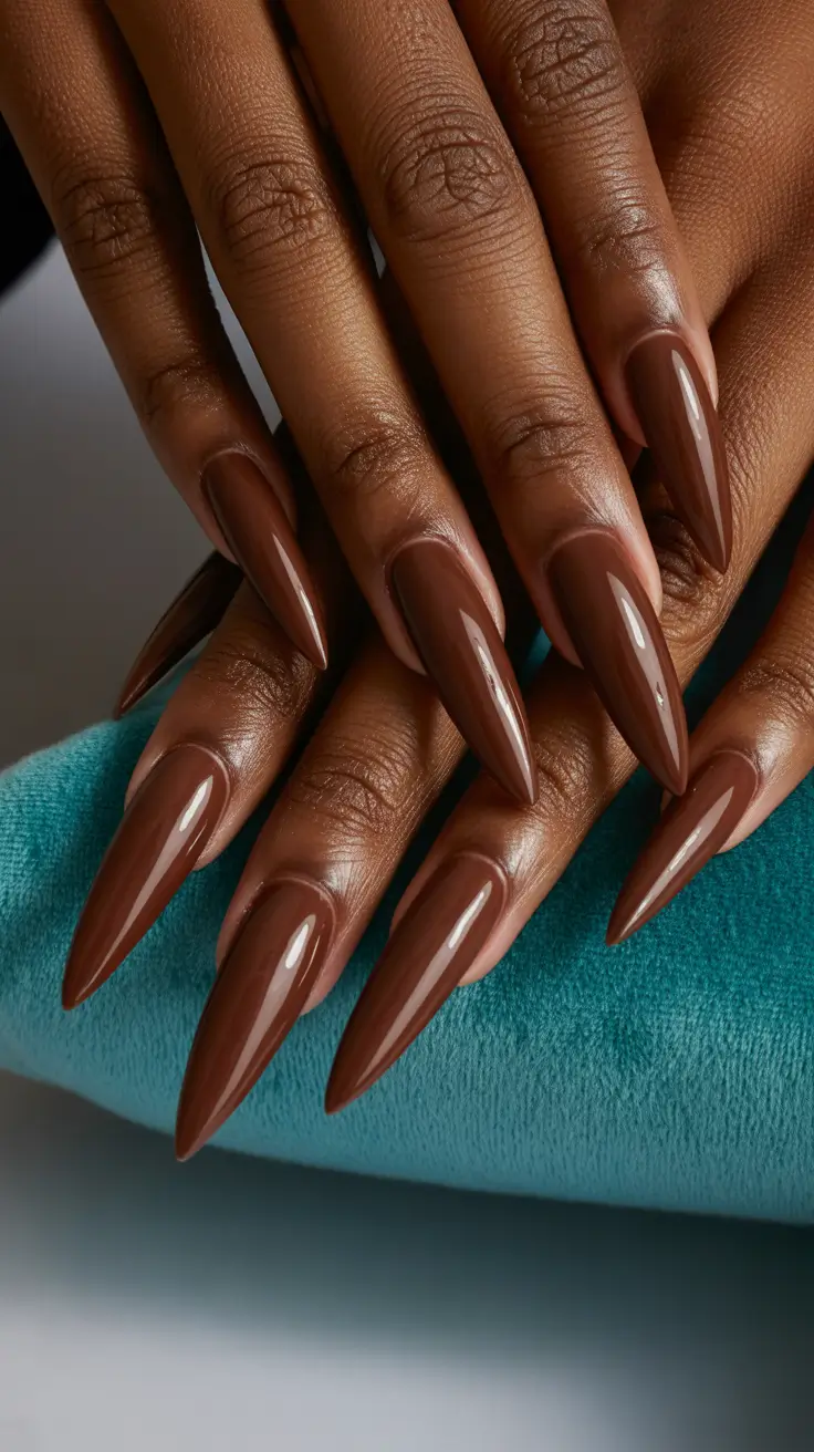 nails designs ideas February 2026 Glossy chocolate brown stiletto nails for late winter confidence