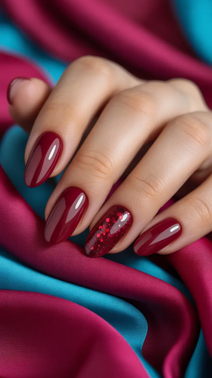 nails designs ideas February 2026 Deep red almond nails with subtle glitter detail