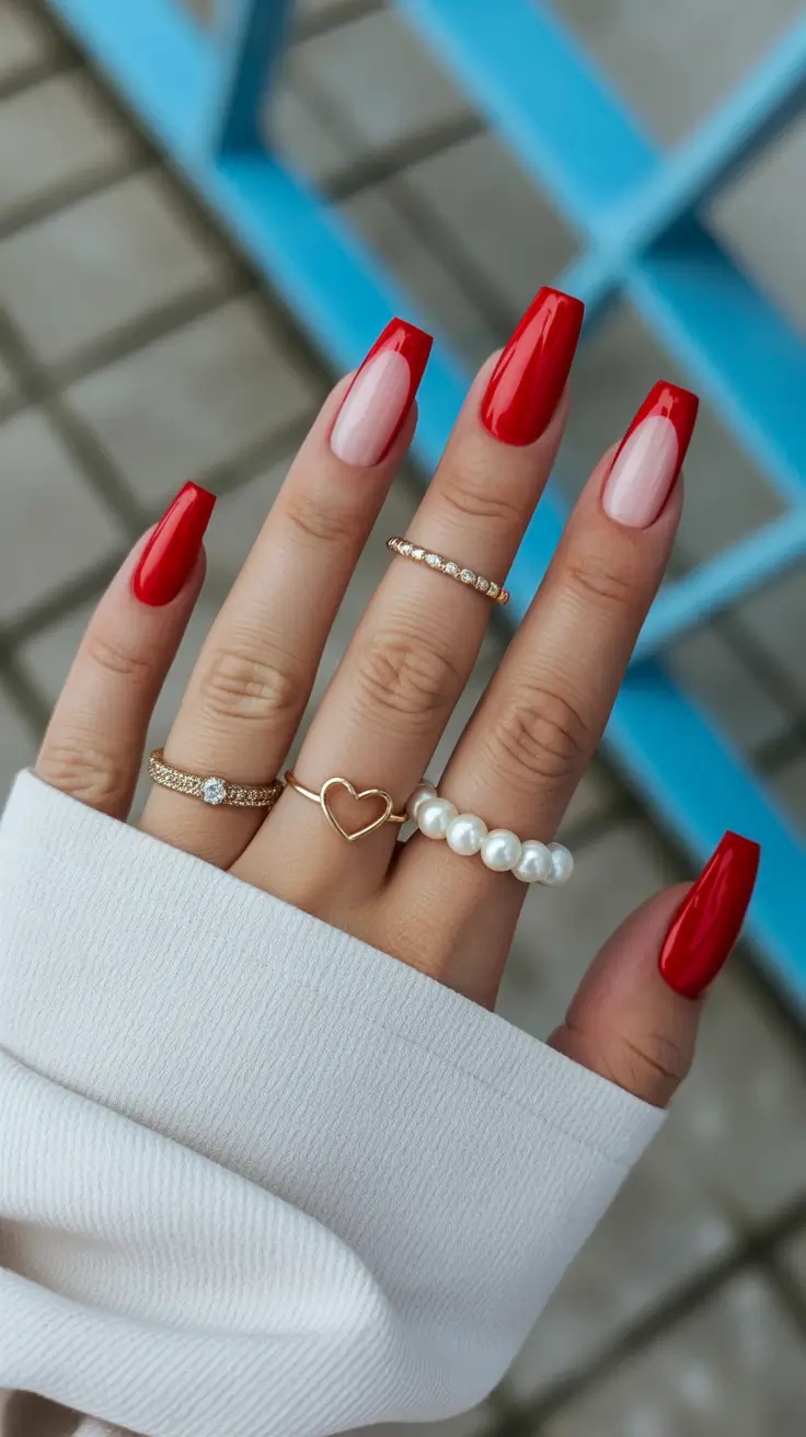 nails designs ideas February 2026 Modern red and nude square nails with clean contrast