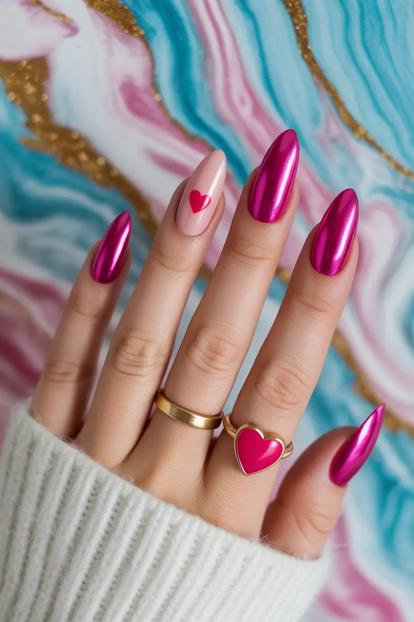 nails designs ideas February 2026 Bold pink chrome nails with a playful Valentine accent