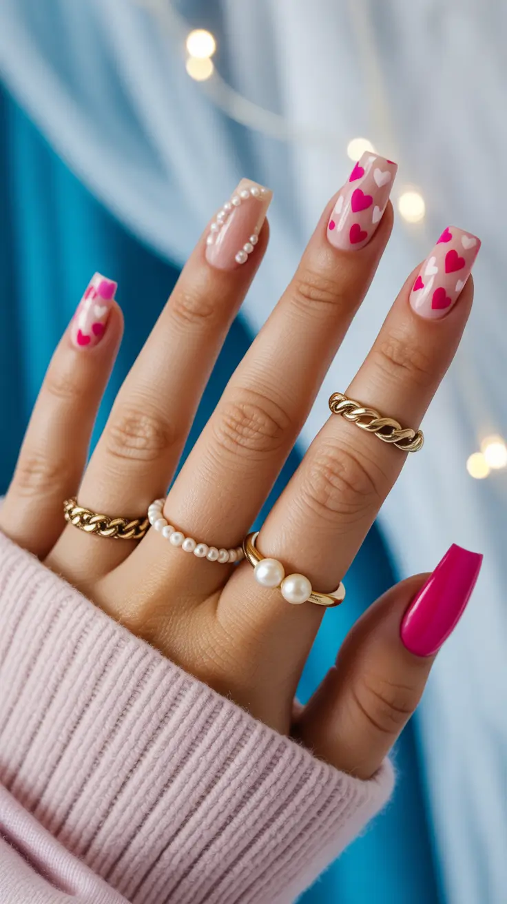 nails designs ideas February 2026 Soft pink hearts with pearls for Valentines day art