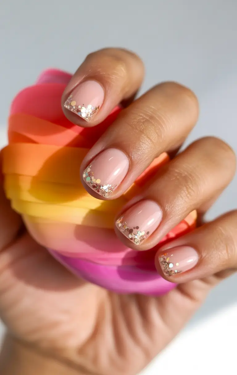 nails designs ideas February 2026 Short nude nails with gold glitter tips