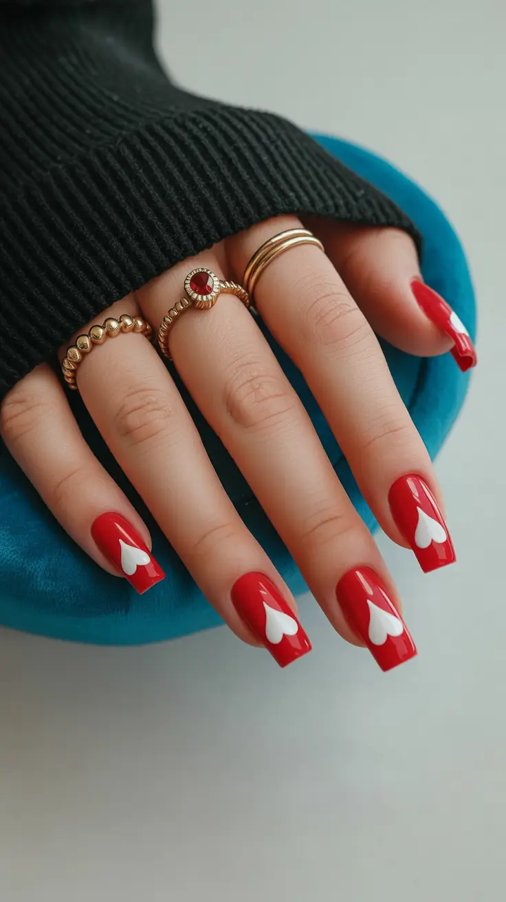 nails designs ideas February 2026 Red square nails with Valentines day art hearts