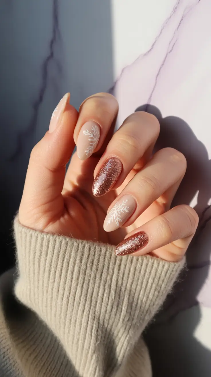 nails designs ideas February 2026 Neutral winter florals with warm metallic accents