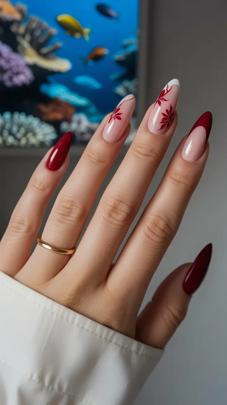 nails designs ideas February 2026 Almond red and nude nails with Valentines day art