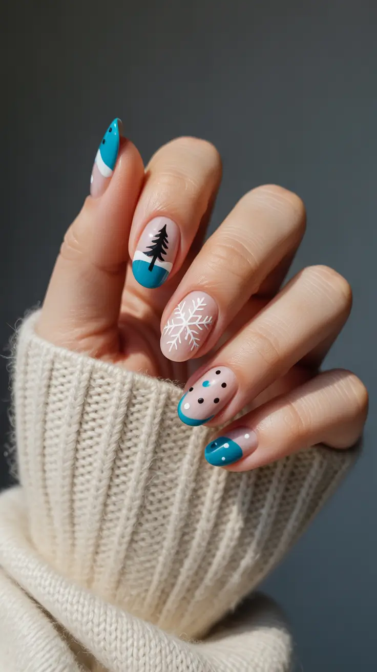 nails designs ideas February 2026 Graphic winter symbols in teal and soft nude