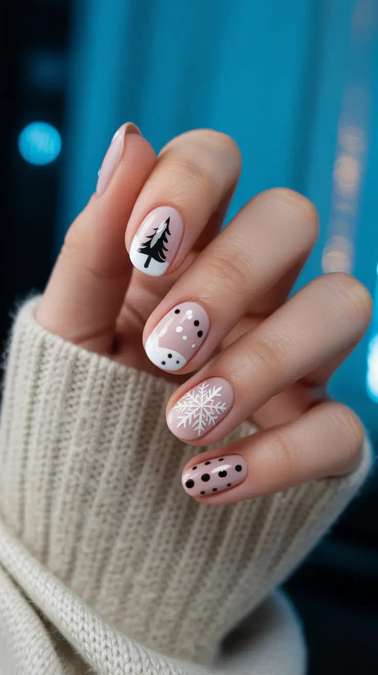 nails designs ideas February 2026 Minimal winter dots and snowflakes with a cozy finish