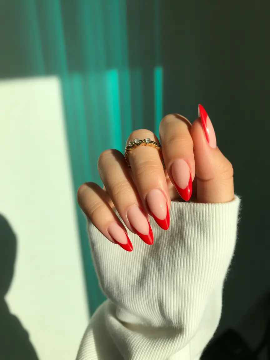 nails designs ideas February 2026 Classic red french tips with a sharp February attitude