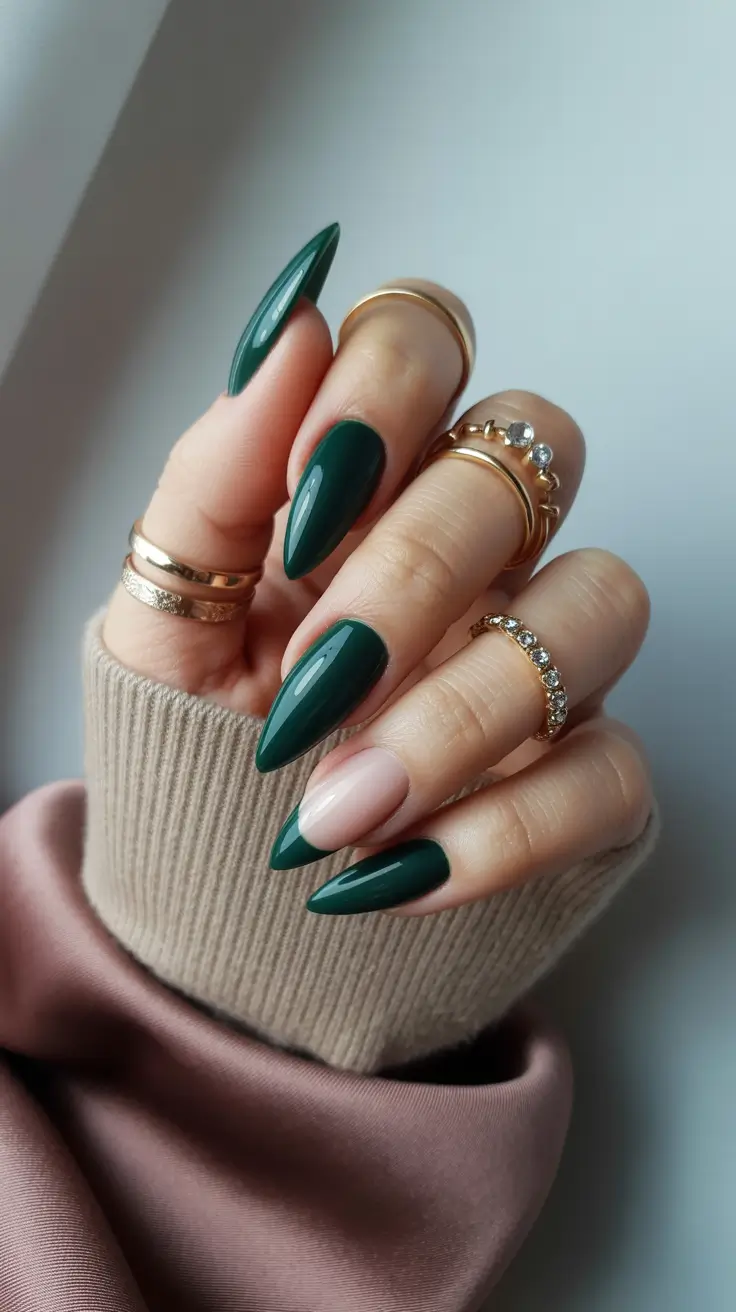 nails designs ideas February 2026 Deep green almond nails with a minimal nude accent