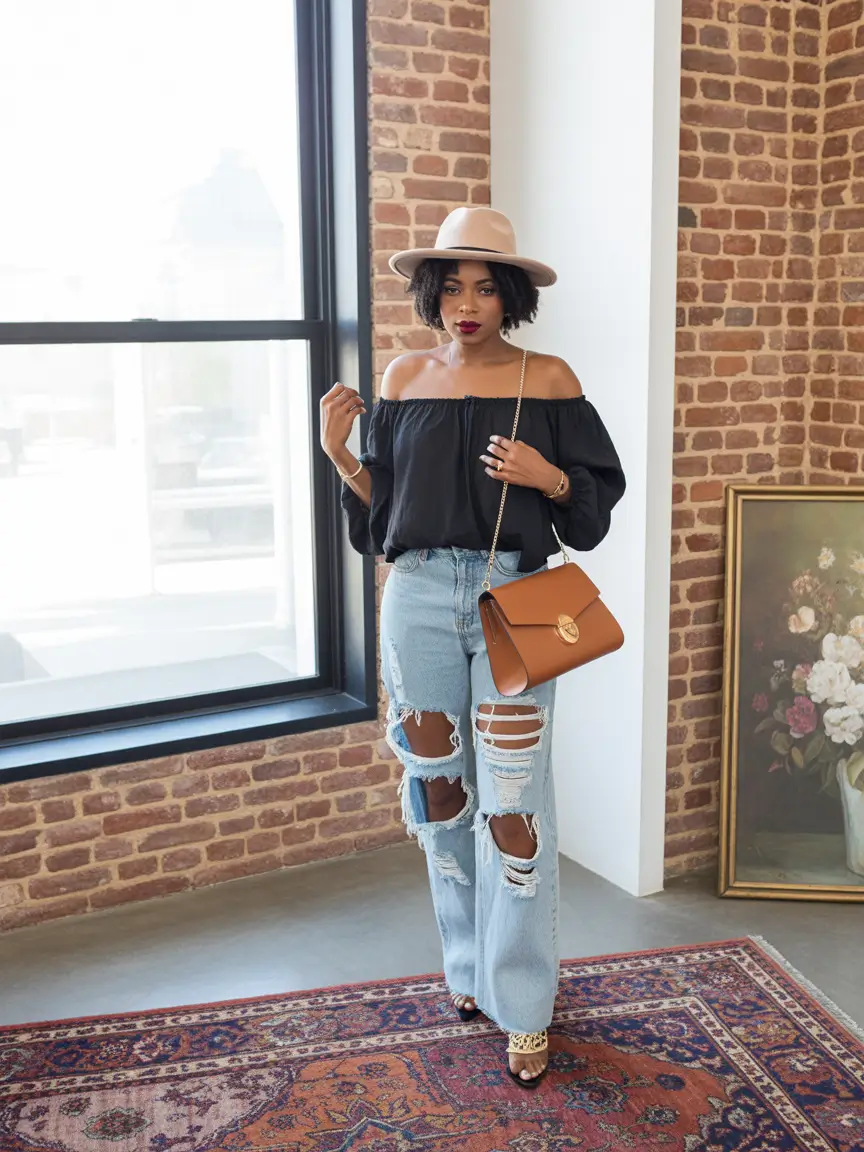 natural spring outfits black women 2026 off shoulder casual look
