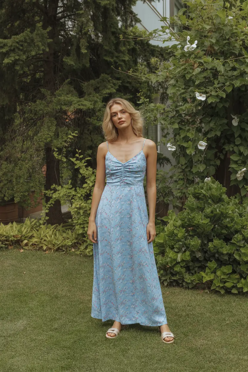 natural spring wedding guest outfit 2026 soft blue floral look