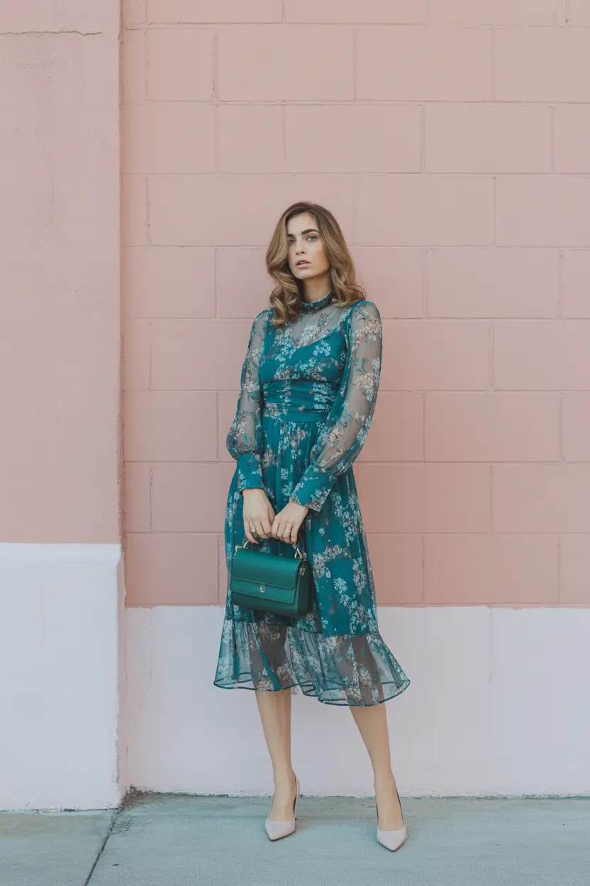spring wedding guest outfit 2026 emerald floral midi dress