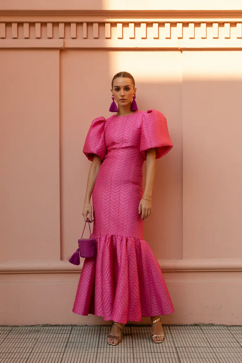 spring wedding guest outfit 2026 bold pink formal dress