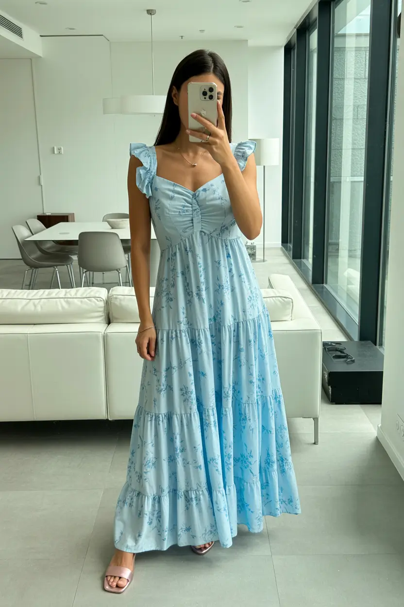 spring wedding guest outfit 2026 light blue casual dress