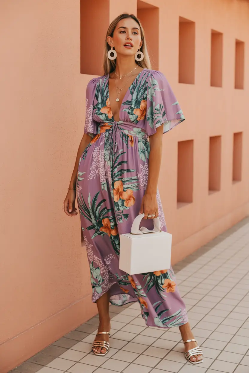 spring wedding guest outfit 2026 lavender printed maxi dress