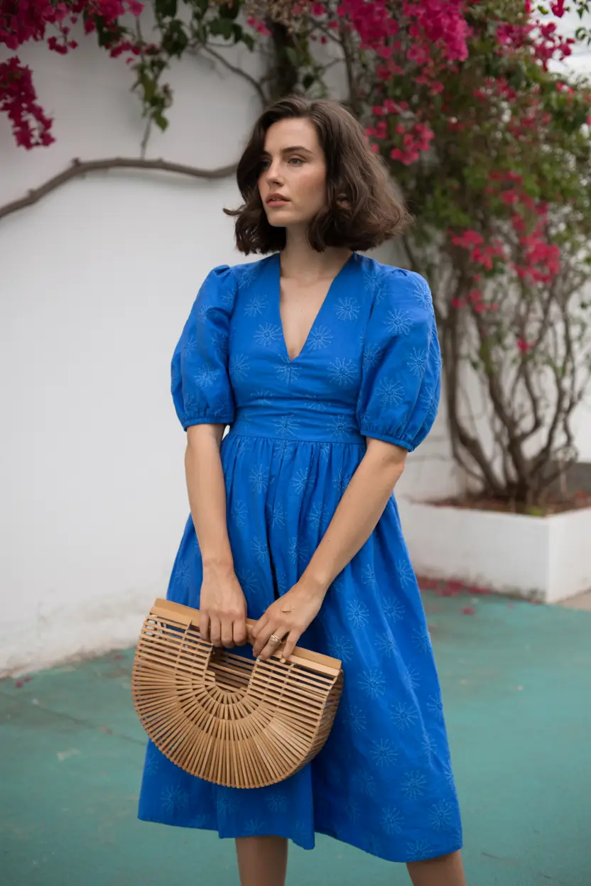 spring wedding guest outfit 2026 blue dress natural accessories