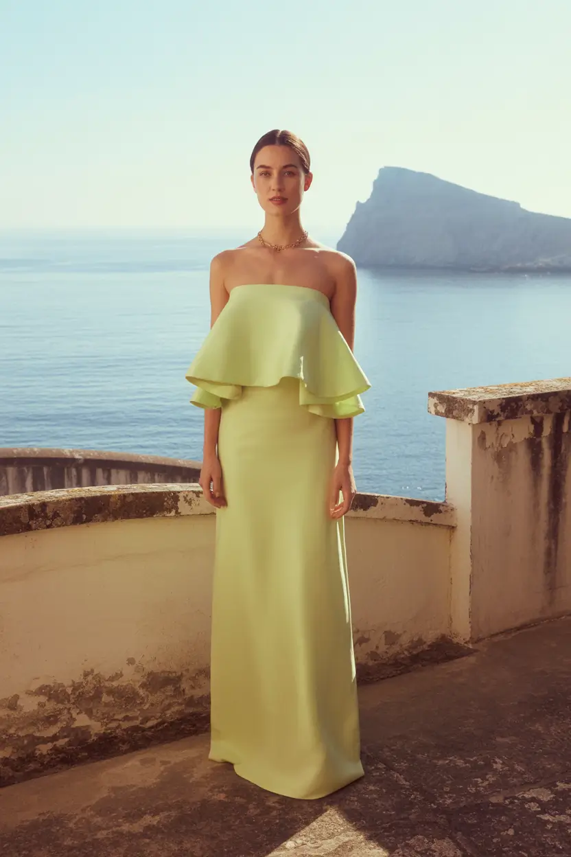 spring wedding guest outfit 2026 lemon strapless gown
