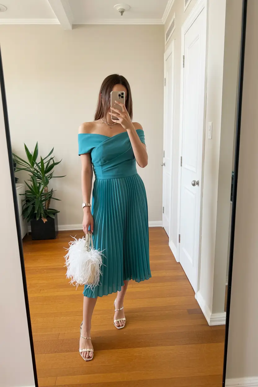 spring wedding guest outfit 2026 teal pleated dress