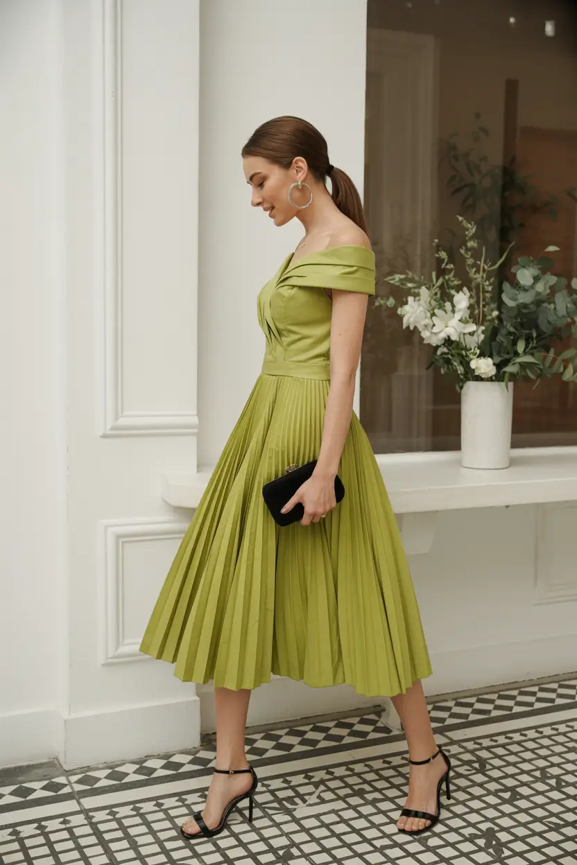 spring wedding guest outfit 2026 olive pleated dress